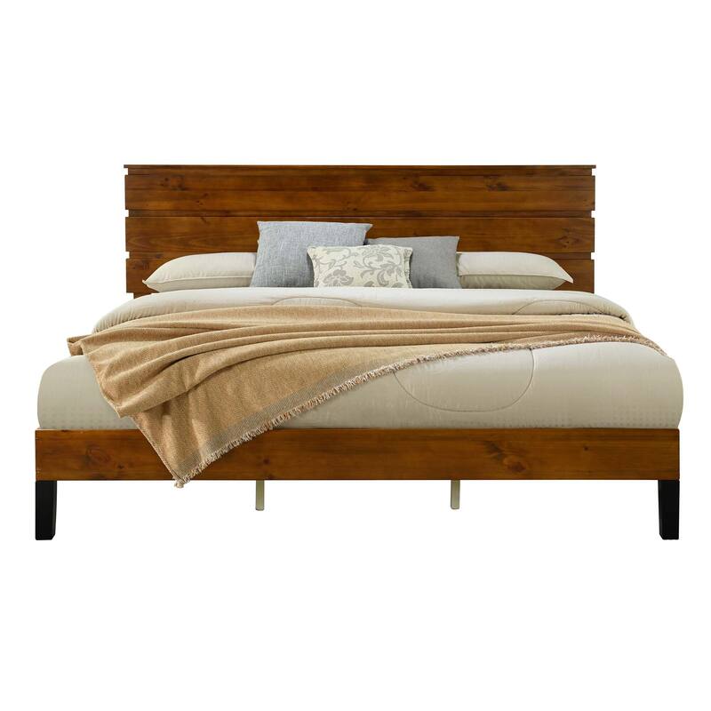Brown Solid Wood Frame Platform Bed with Three-Piece Headboard Design
