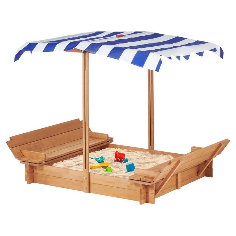 Kids Sandbox with Adjustable Cover, 46" Wooden Sand Box with 2 Foldable Bench Seats, Outdoor Sandpit for Backyard Play