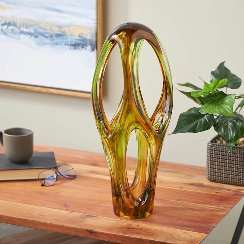 Orange Glass Ombre Cutout Abstract Decorative Sculpture with Green Accents - Orange