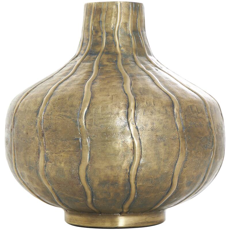 Metal Wide Snakeskin Inspired Decorative Vase with Dimensional Wavy Accents - Brass - Roche River Decor