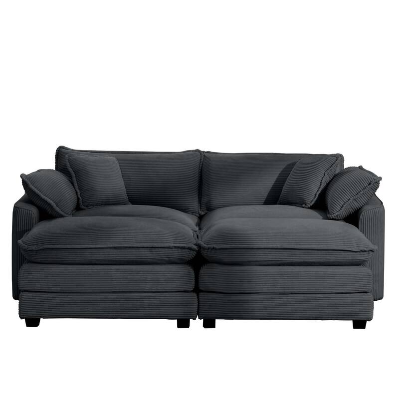 2-Seater Corduroy Upholstered Sofa Set with 2 Ottoman and Removable Armrests for Livingroom - Grey