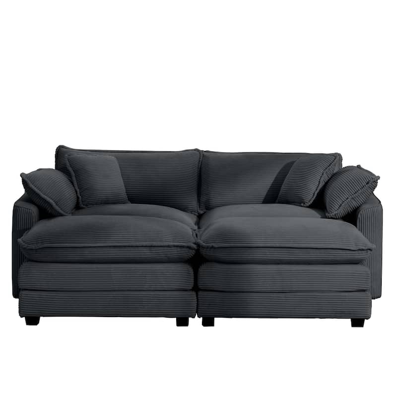 Grey Corduroy Cloud Sleeper Sofa with 2 Ottomans and 4 Pillows
