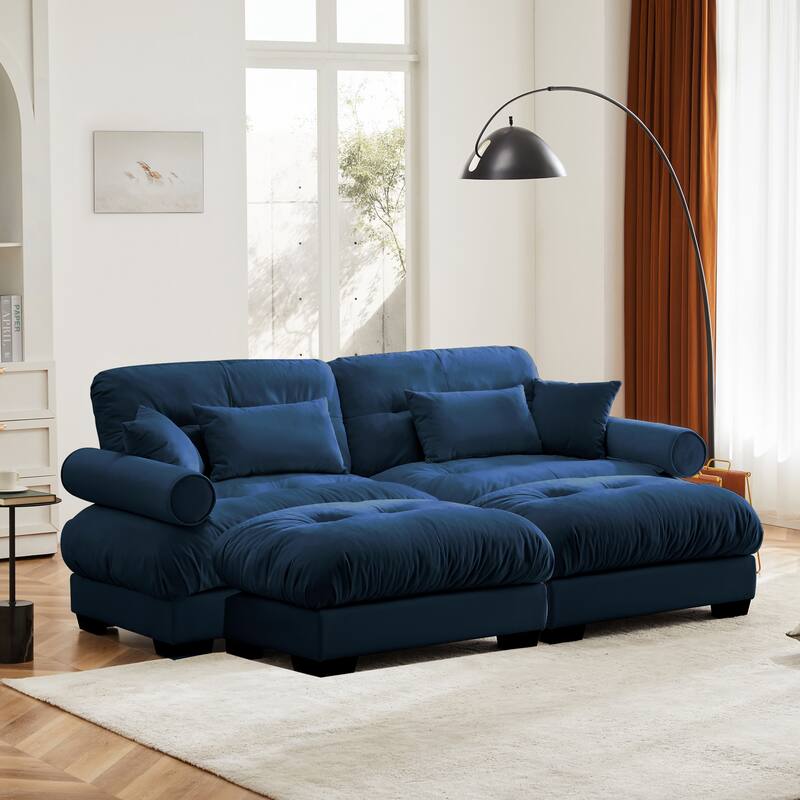 93.7" Velvet 2-Seater Sectional Sofa with Ottoman & Pillows