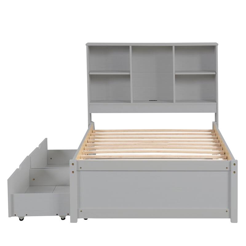 Twin Size Bed W/ Built-in USB Port on Bookcase Headboard,2 Drawers - Grey