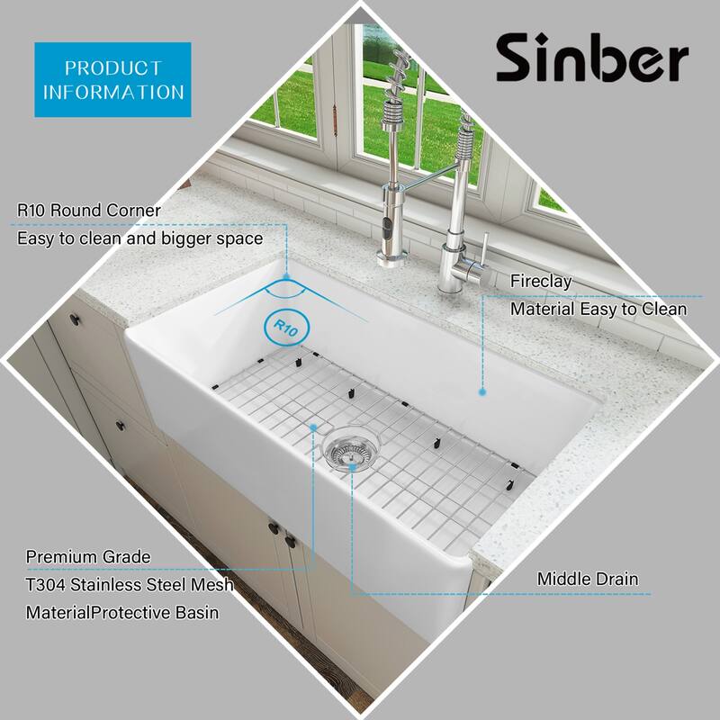Sinber Farmhouse Apron Single Bowl Kitchen Sink with Fireclay White Finish