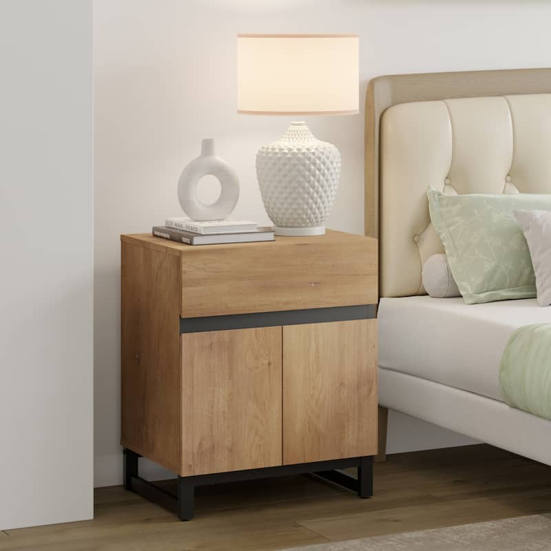 WAMPAT Modern Nightstand with 1 Drawer & 1 Storage Cabinet, Farmhouse Bedside Table with 2 Open Door forBedroom - Oak - 1-drawer
