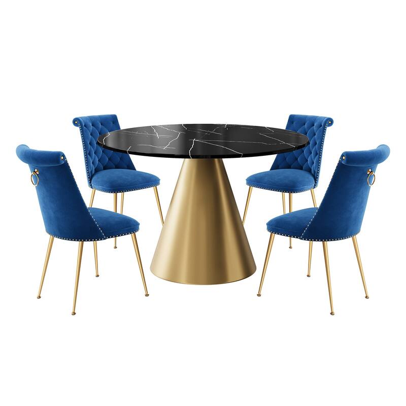 48" Marble Top Metal Dining Table with Velvet Dining Chair Set