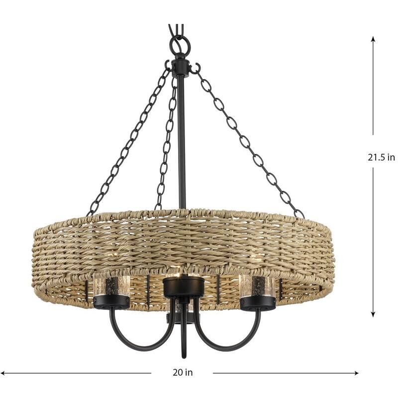 Pembroke Collection 3-Light 21.5 in. Matte Black Outdoor Pendant with Mocha Rattan Accents and Seeded Glass Shades - Large