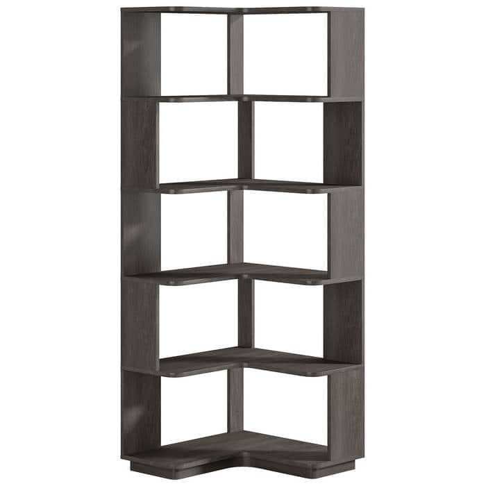 Multifunctional 6-Shelf L-Shaped Corner Bookcase Industrial Wood Grain Organizer - 23.62"L x 23.62"W x 64.96"H - Dark Grey