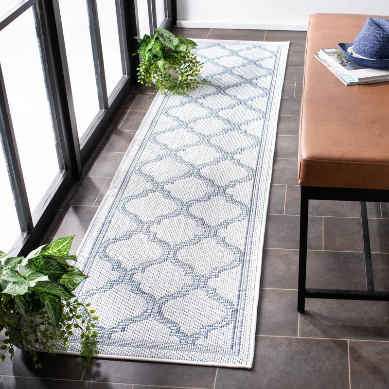 SAFAVIEH Bermuda Washable Edelt Indoor/ Outdoor Waterproof Rug - 2' x 8' Runner - Ivory/Light Blue