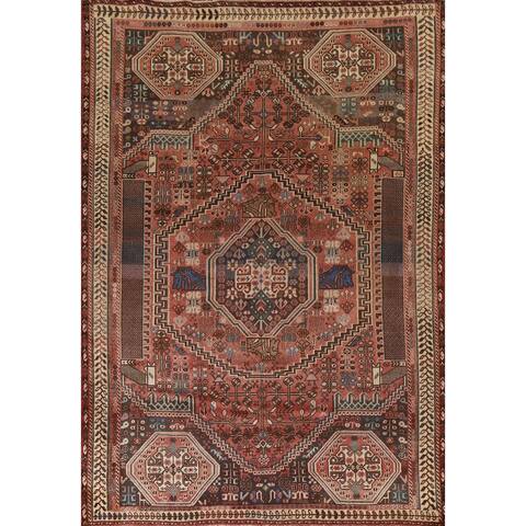 Geometric Pink Shiraz Persian Vintage Rug Hand-Knotted Wool Carpet - 6'7"x 9'5"