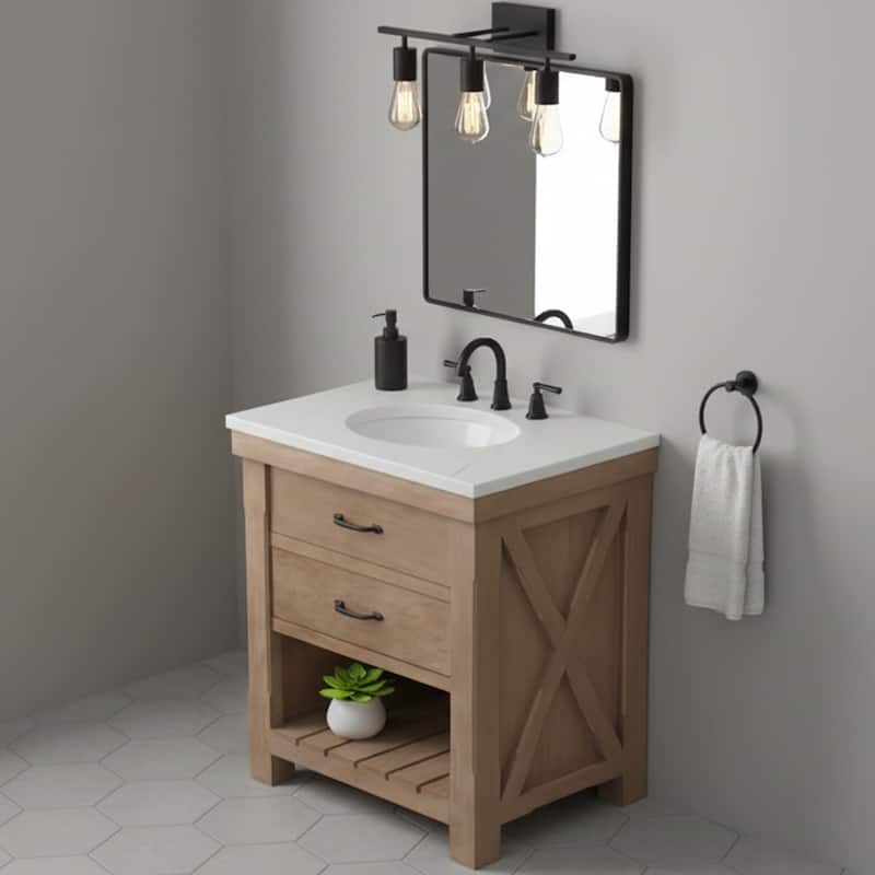 Deluxe natural finish vanity with 30 mm white marble top