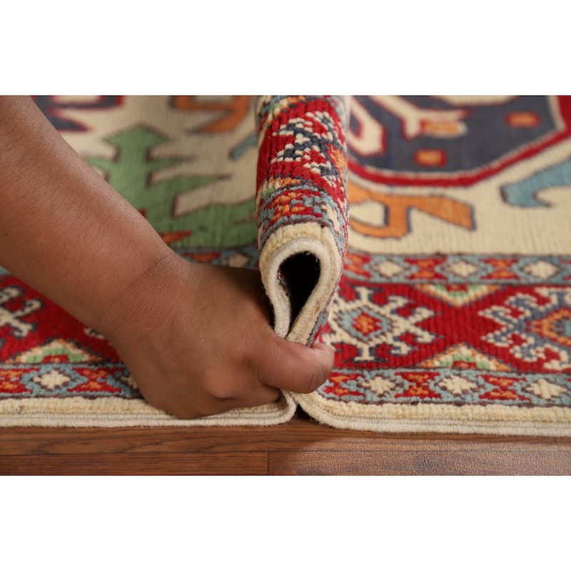 Geometric Kazak Runner Rug Hand-Knotted Wool Carpet - 3'3" x 7'2"