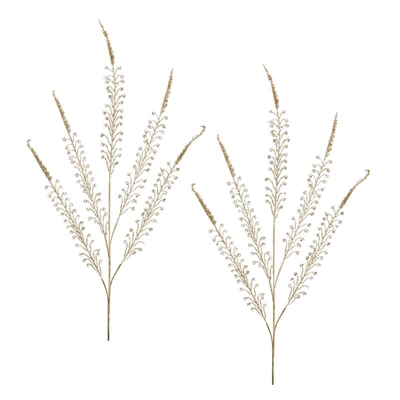 HomeRoots Set of Two Gold And Clear Faux Crystal Beaded Linear Fern Wreath Sprays