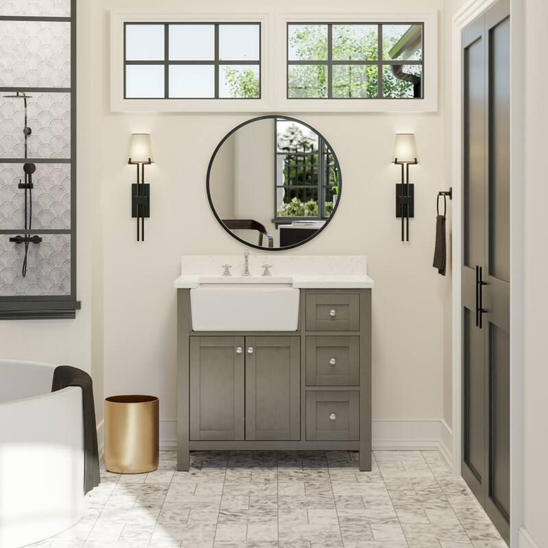 KitchenBathCollection Yorkshire 36" Farmhouse Bathroom Vanity with Engineered Marble Top