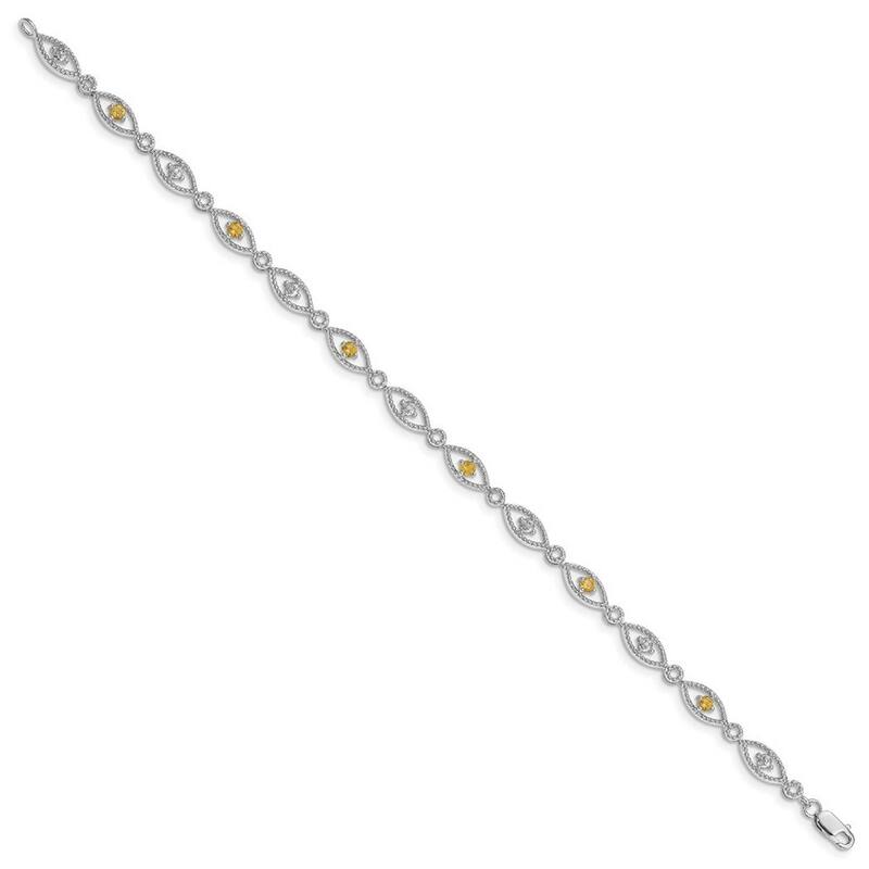 Curata 925 Sterling Silver Textured Polished Open back Lobster Claw Closure Citrine Diamond Bracelet