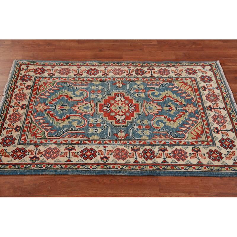 Blue Geometric Kazak Oriental Foyer Rug Handmade Wool Carpet - 2'9"x 4'11"