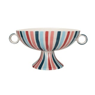 Hand-Painted Stoneware Footed Bowl with Handles and Stripes - 13.0"L x 9.8"W x 6.0"H - 13.0"L x 9.8"W x 6.0"H