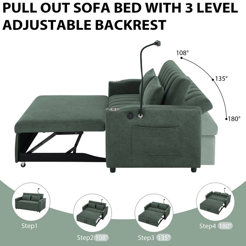 Roomfitters 55 Inch Convertible Sofa Bed Loveseat with 3 USB Ports, 360 Swivel Phone Holder, Green