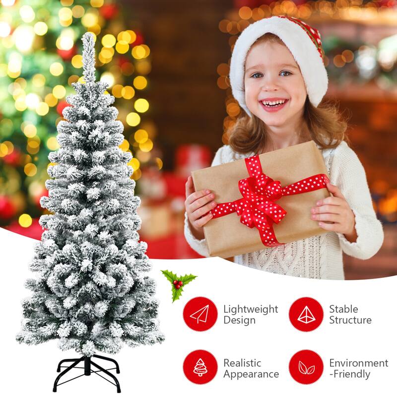 Gymax 4.5ft Snow Flocked Pencil Christmas Tree Artificial Pine Tree w/ - See Details