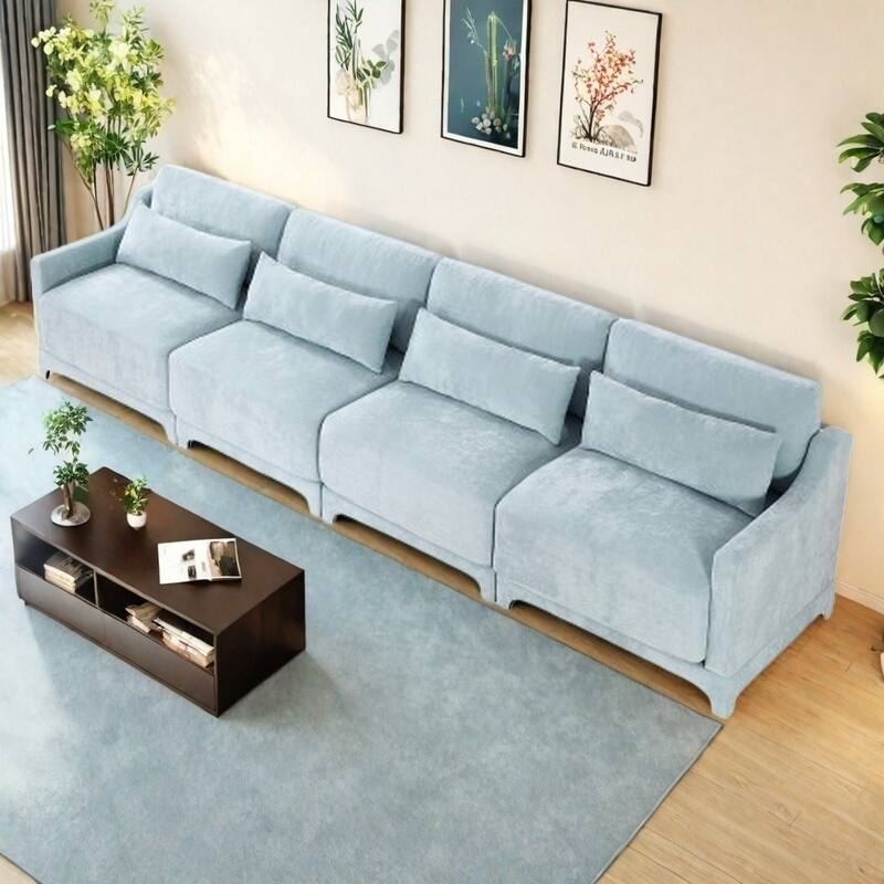 Modern Chenille 4-Seater Sofa with 2 Ottoman, Lumbar Cushions, Ergonomic Backrest, High-Resilience Spongeand Tufted Armrests - 4 Seater Blue