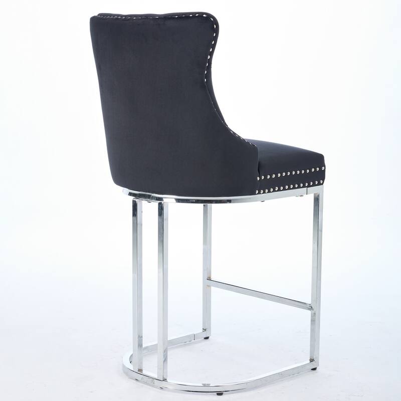 Modern 25" Set of 2 Bar Stools with Buttoned Back Studded Trim Chrome Metal Base Legs, for Dining Room Living Room and Bedroom
