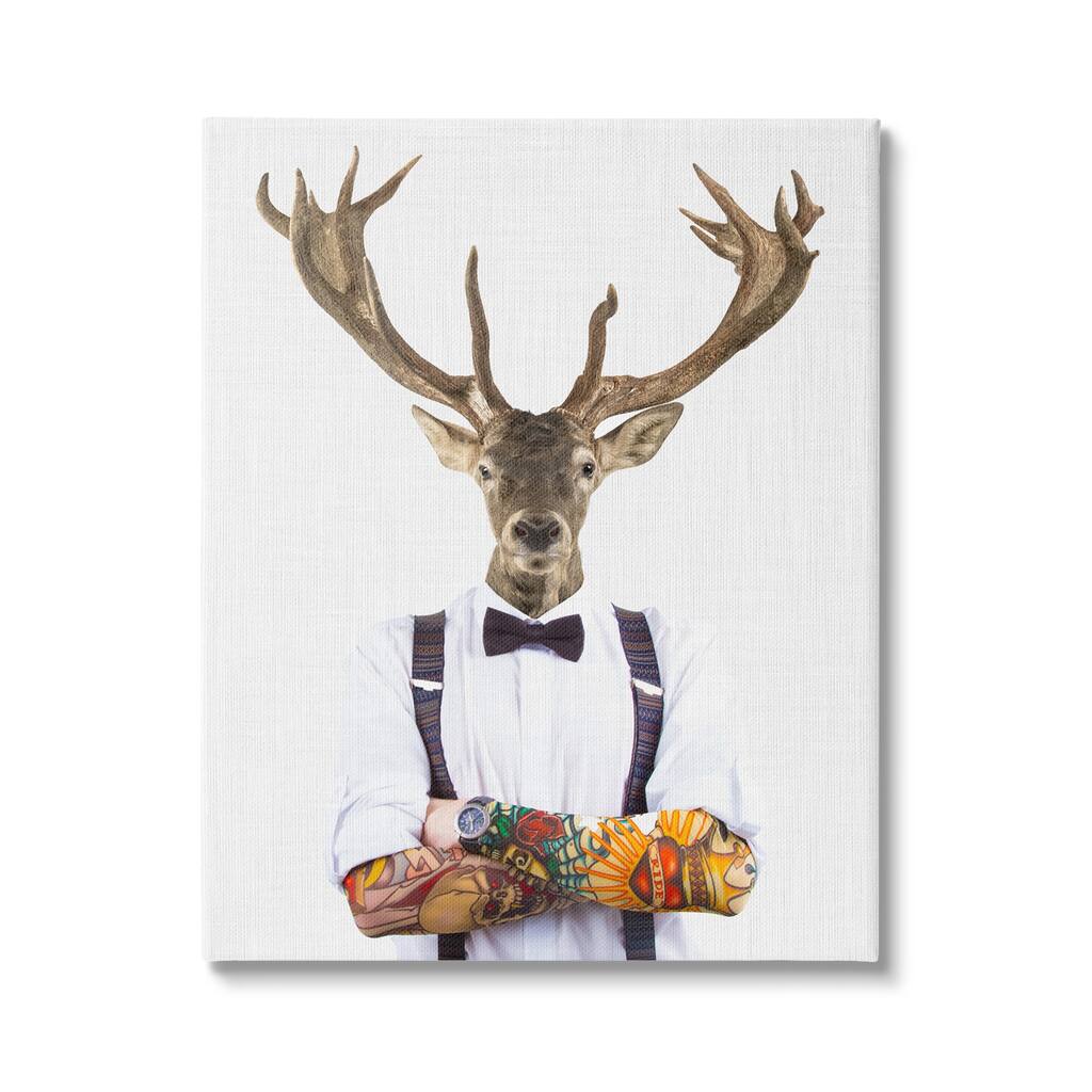 Stupell Tattooed Hipster Deer Antlers Suspenders Bowtie Outfit Canvas Wall Art - Brown