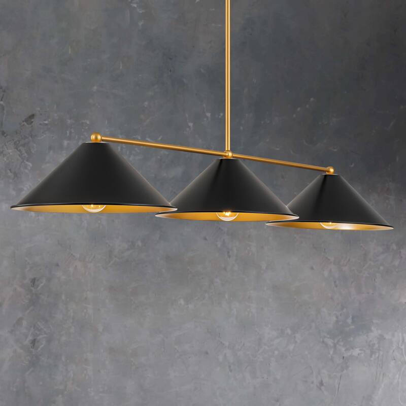 3-Light Modern Industrial Black& Gold Island Pendant Light Metal Cone Linear Chandeliers For Dining Room