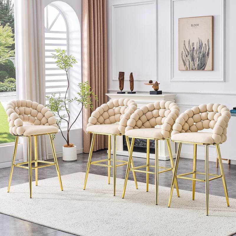 Set of 2 Puffy Bubble Chair Ball Chain Chair Velvet Bar Stools with Gold Legs, Modern Tufted Accent Bar Chairs