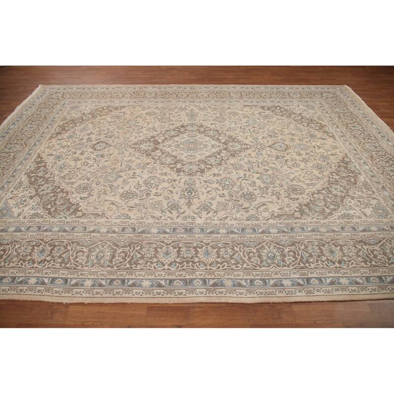 Hand Knotted Oriental 100% Wool Carpet Traditional Floral Beige & Ivories Mashad Area Rug - 11' 1'' X 8' 1''