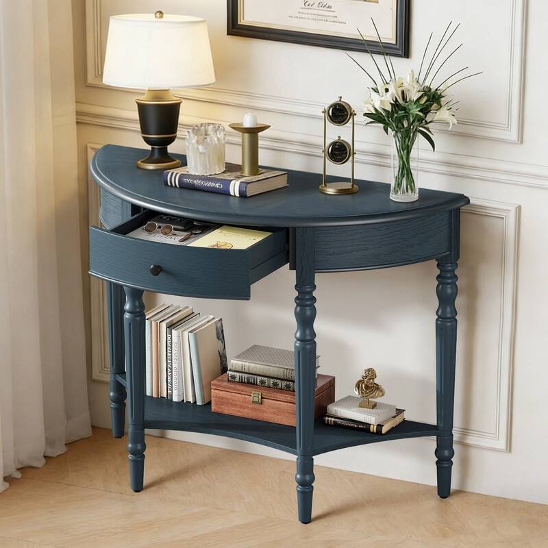 Farmhouse Half Moon Console Table with Drawer and Shelf for Entryway and Living Room Decor