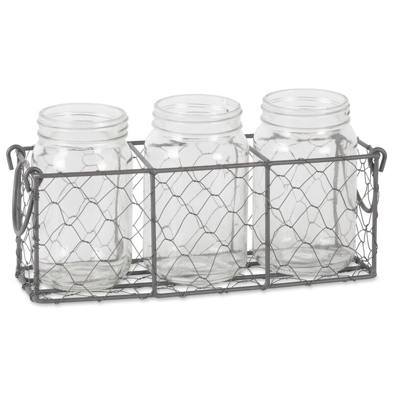 DII Vintage Grey Chickenwire Flatware Caddy With Clear Jars - Vintage Gray Large