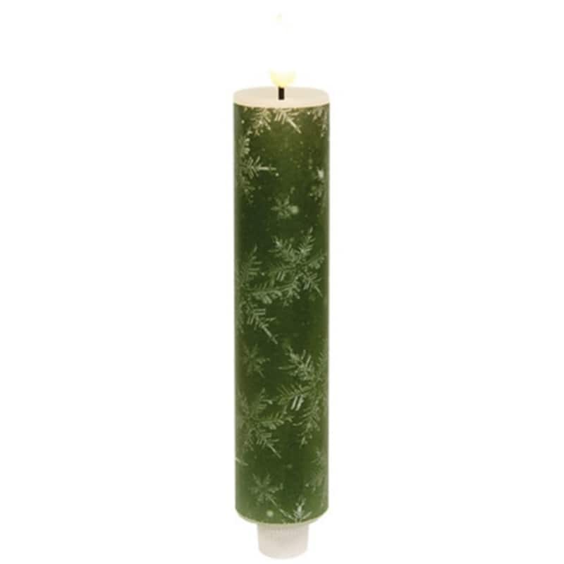 Green LED Timer Taper Candle with Snowflake Design for Holiday Decor - 1.50 x 1.50 x 8 in. - Green
