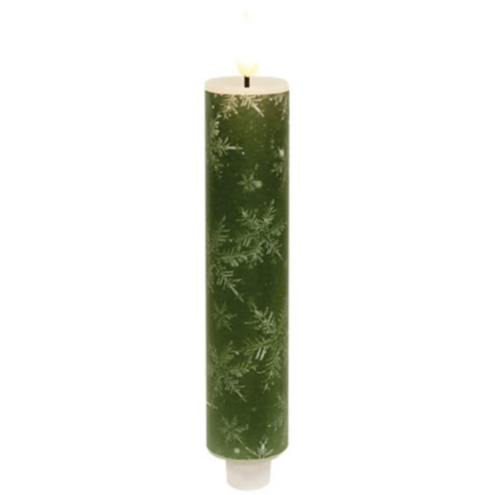 Green LED Timer Taper Candle with Snowflake Design for Holiday Decor - 1.50 x 1.50 x 8 in.
