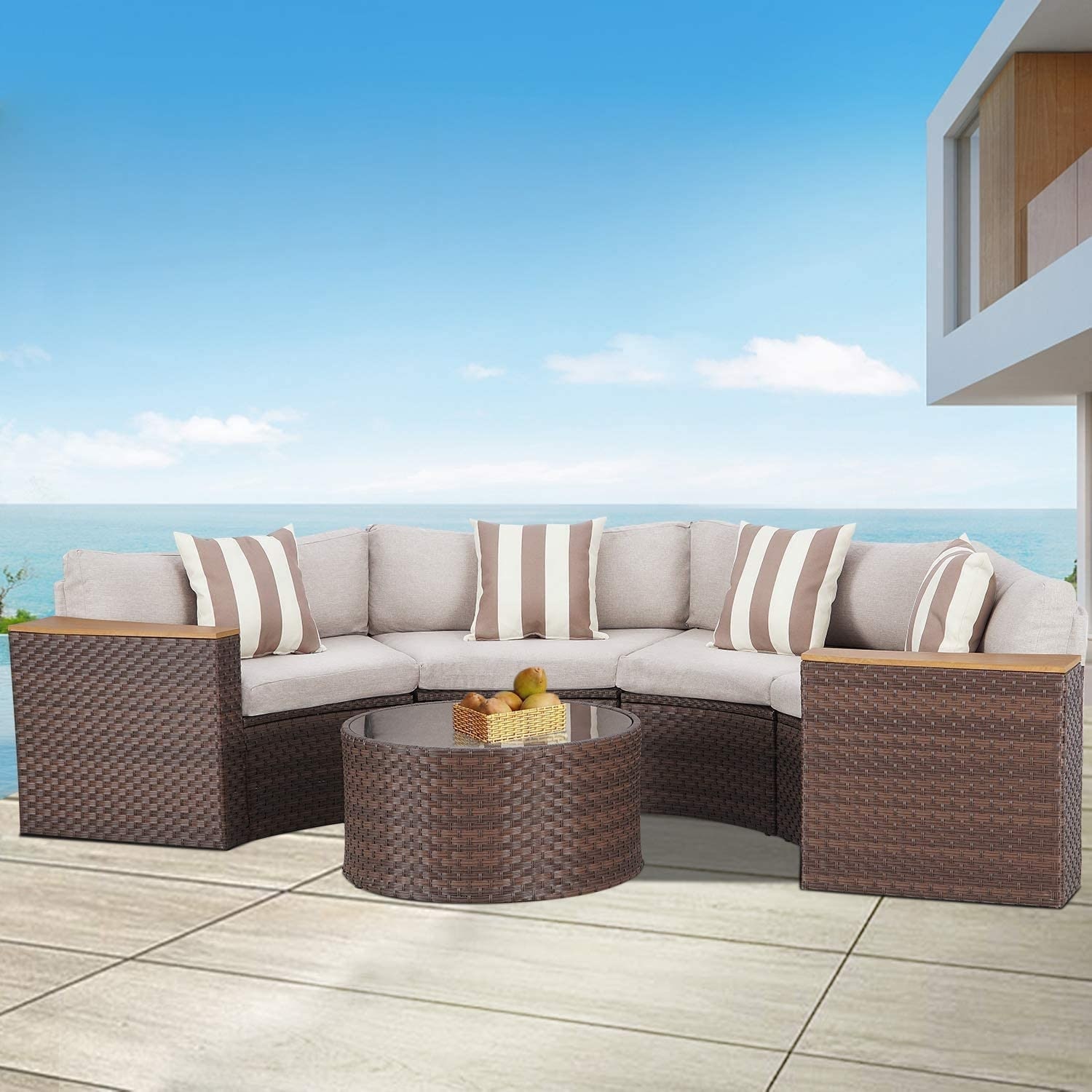 Nuon Wicker Outdoor 5 piece Half Round Sectional Curved Sofa Set by Havenside Home