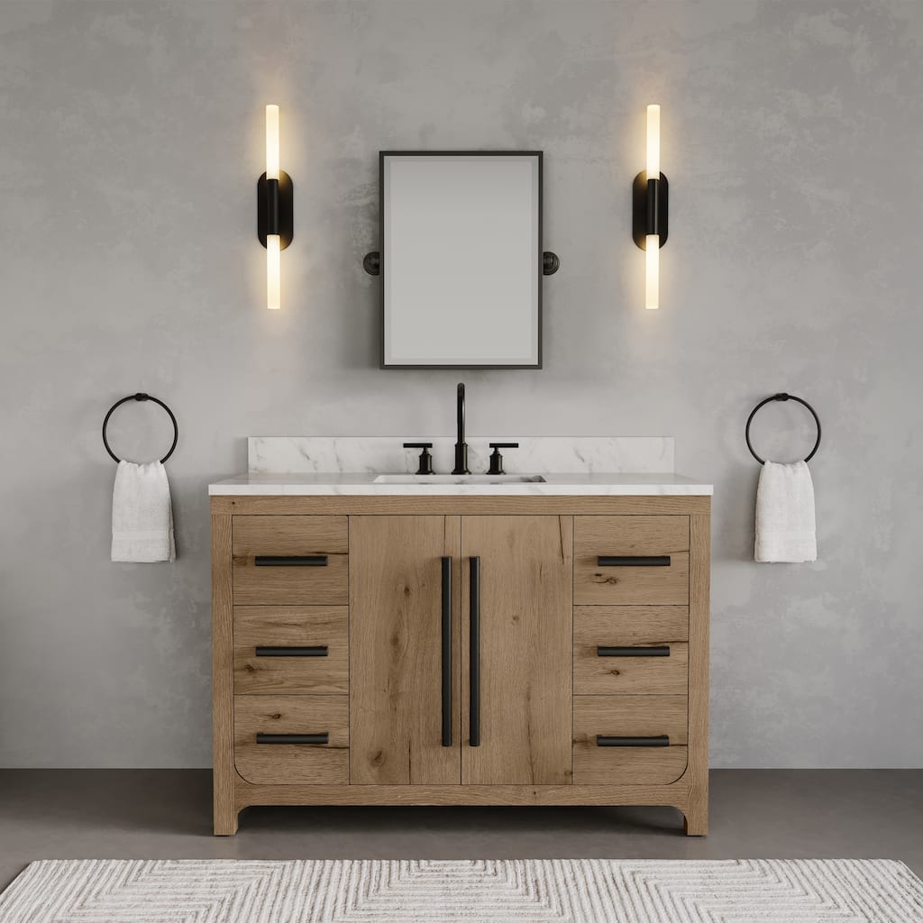 Perris 48 In. Single Rectangle Sink Bathroom Vanity With Engineered Carrara White Marble In Weathered Oak