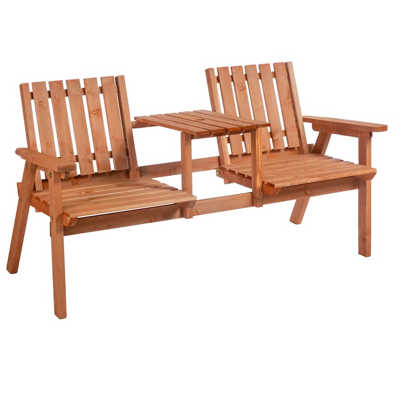 Outsunny Outdoor Patio Wooden Double Chair Garden Bench with Middle Table & Natural Weather-Fighting Materials - 60" x 28" x 31