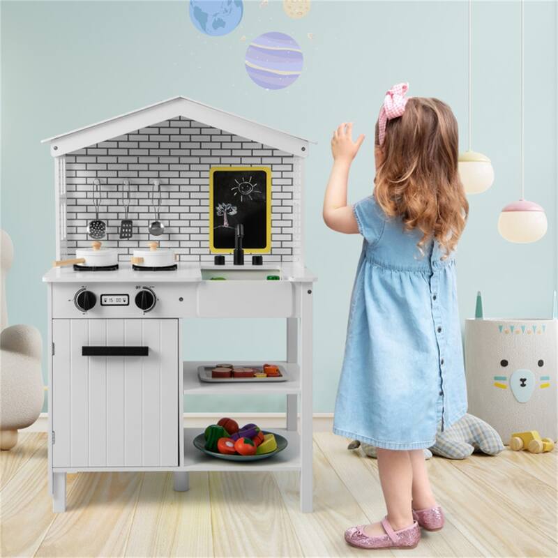 Kids Farmhouse Play Kitchen Set with Sink Chalkboard Utensils and Storage White Wooden Pretend Cooking Toy for Ages 3 and Up