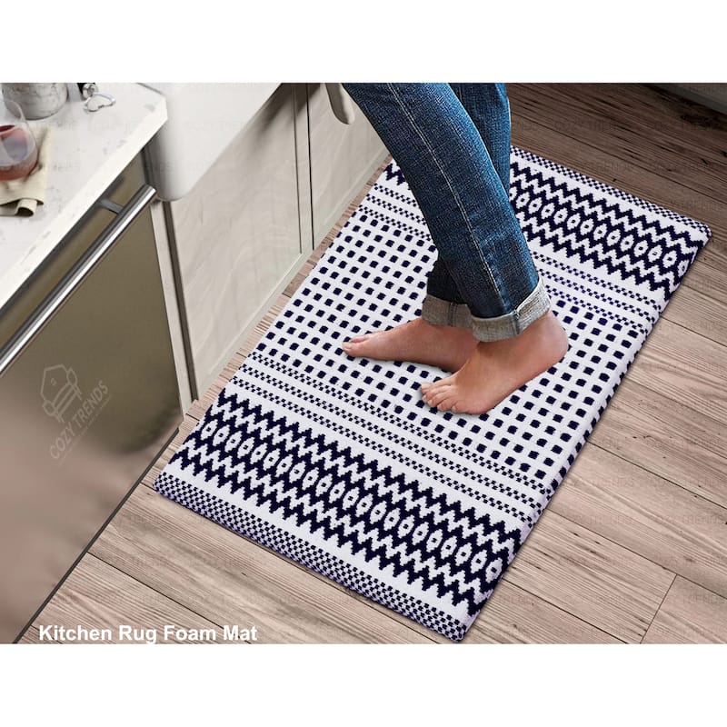 Cotton Kitchen Mat Cushioned Anti-Fatigue Rug, Non-Slip Mats Comfort Foam Rug for Kitchen, Office, Sink, Laundry - 18''x30'' - Navy
