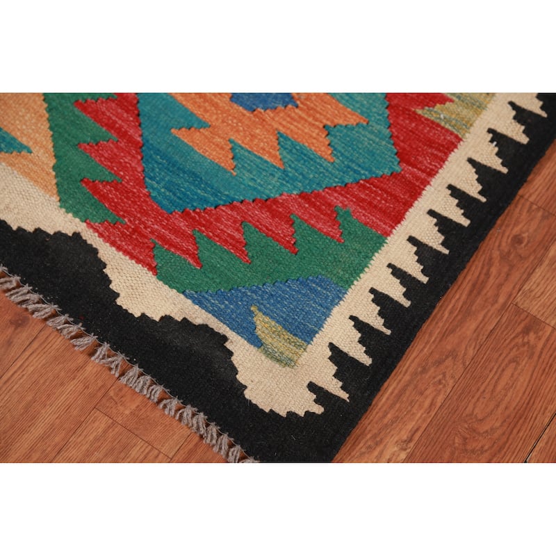 Hand Woven Oriental 100% Wool Carpet Southwestern Geometric Multi-Colored Kilim Runner Rug - 12' 10'' X 2' 9''