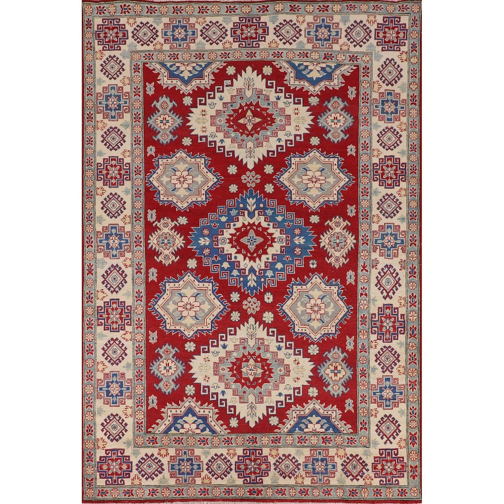 Red Geometric Kazak Rug Hand-Knotted Living Room Wool Carpet - 6'9" x 9'6"
