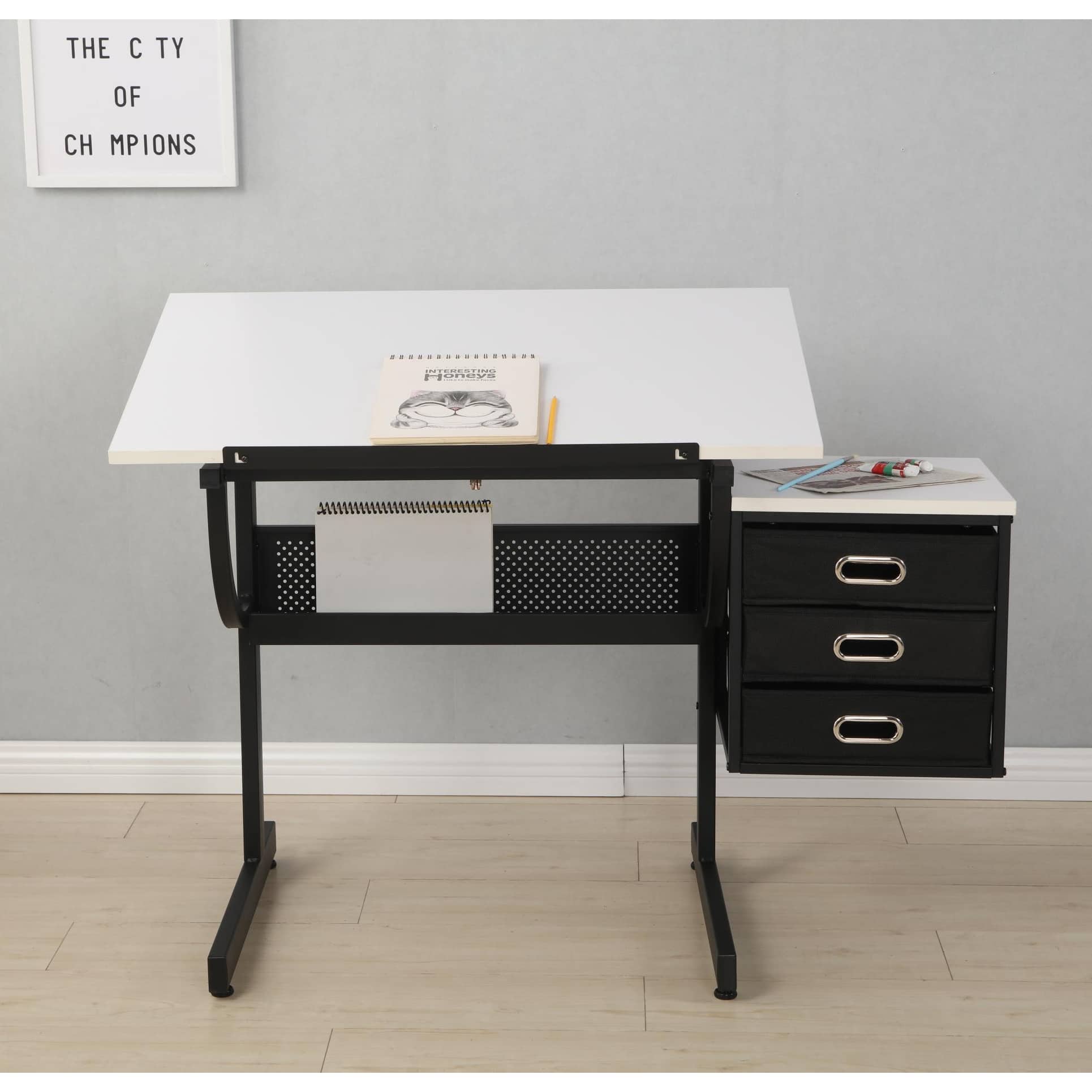 Adjustable Drafting Table with Stool, 3 Drawers, and Glass Top - Bed ...