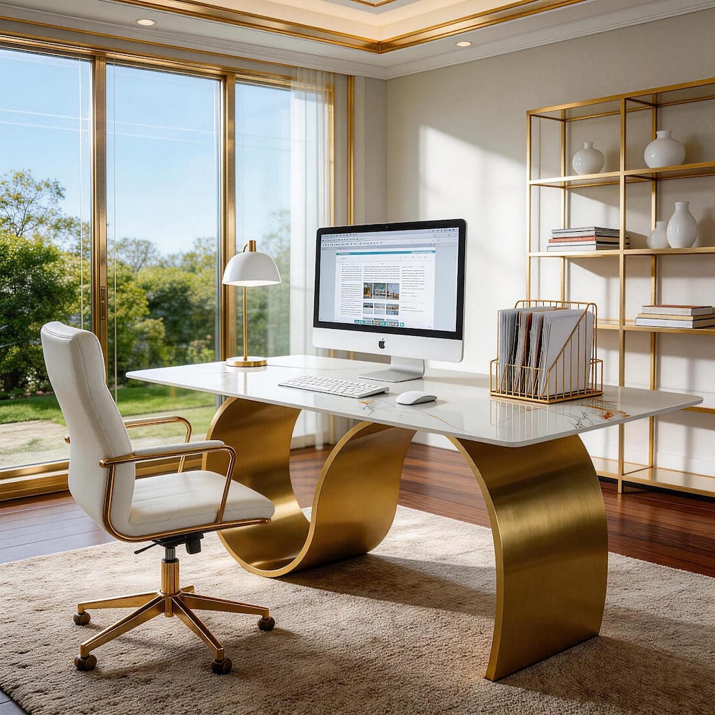 Luxury 78.7" Sintered Stone Office Executive Desk with Stainless Steel Base