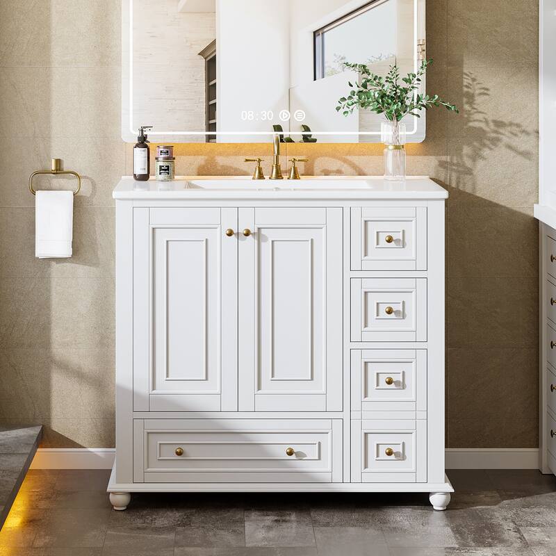 Modern Freestanding Solid Wood Bathroom Vanity with Ceramic Sink, Adjustable Shelf Storage - White - 36 Inch