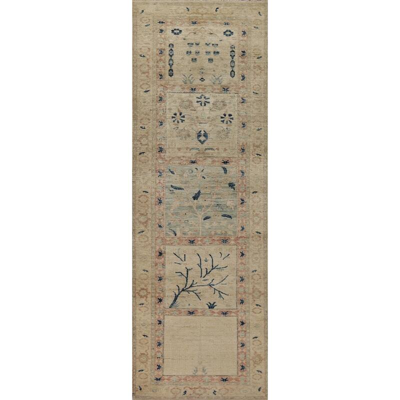 Hand Knotted Oriental 100% Wool Carpet Traditional Floral Beige & Ivories Art Deco Runner Rug - 11' 10'' X 2' 11''