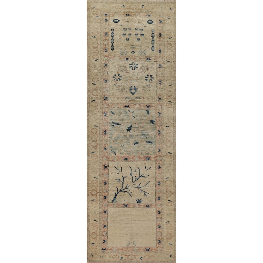 Hand Knotted Oriental 100% Wool Carpet Traditional Floral Beige & Ivories Art Deco Runner Rug - 11' 10'' X 2' 11''
