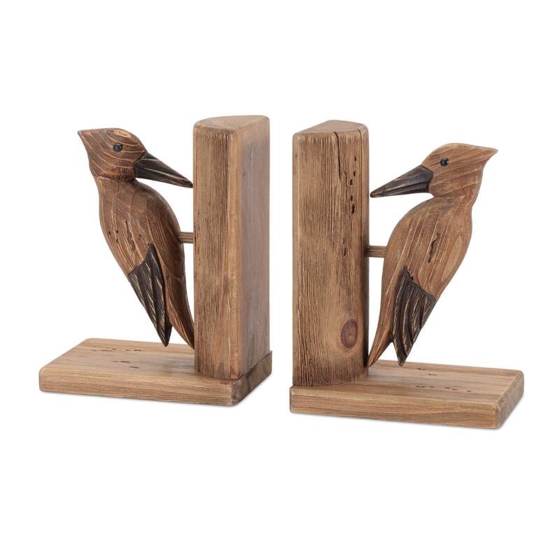 HomeRoots Set of Two Brown Wood Bird Decorative Bookends - 6.70 in. x 8.85 in. x 4.70 in.