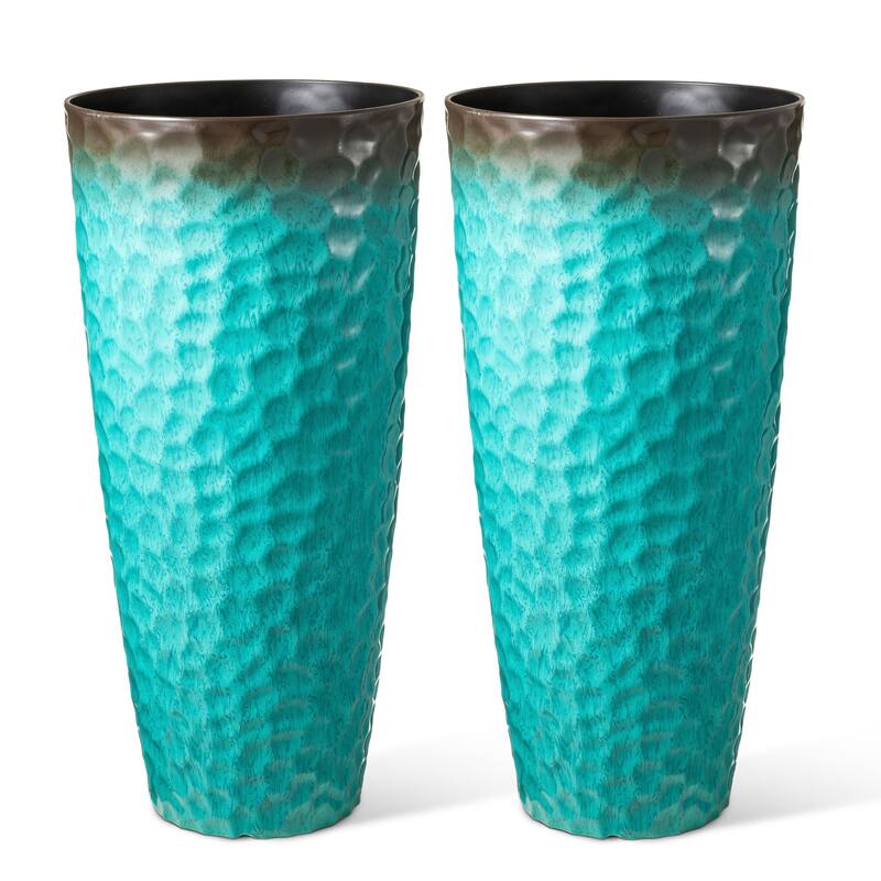 Glitzhome 31"H Set of 2 Oversized Eco-Friendly PP and Stone Honeycomb Textured Red Tall Plastic Planter
