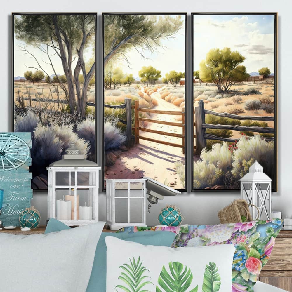 Designart "View Of The Pasture IV" Farmhouse / Country Framed Canvas Art Print - 3 Panels