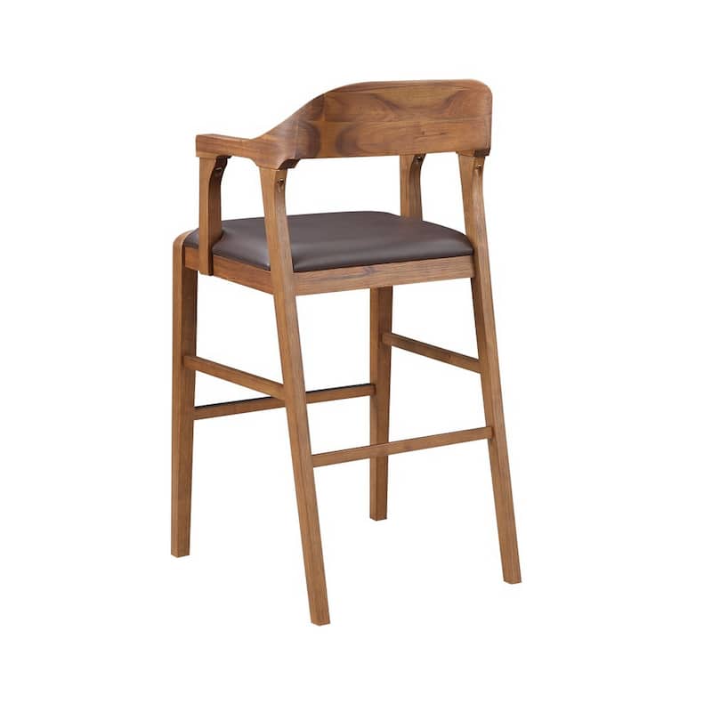 Rase 29 Inch Barstool Chair, Faux Leather Seat, Open Curved Back, Brown